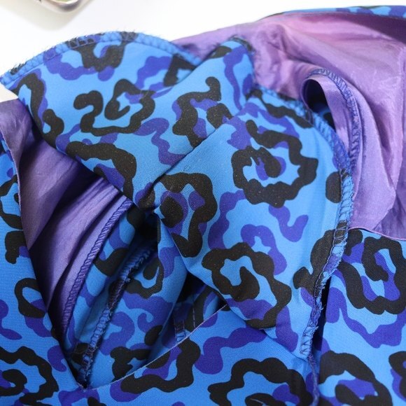 Vintage Royal Blue Black Floral Print Long Sleeve Knee Length Dress 1980s USA - Picture 5 of 15